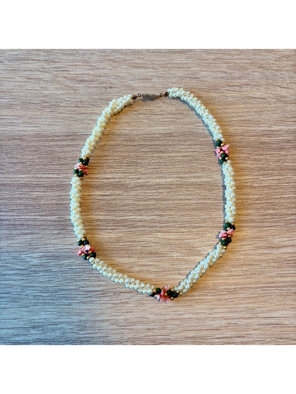 Faux Pearl Twisted Necklace, Pink Flowers, Date Night Wedding Bridal Gift Idea